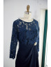 Long Sleeve Navy Blue Lace Chiffon Knee Length Mother Dress